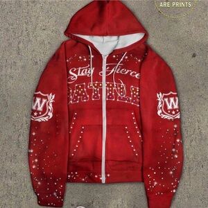 Red Graphic Zip-Up Hoodie with Printed Rhinestones